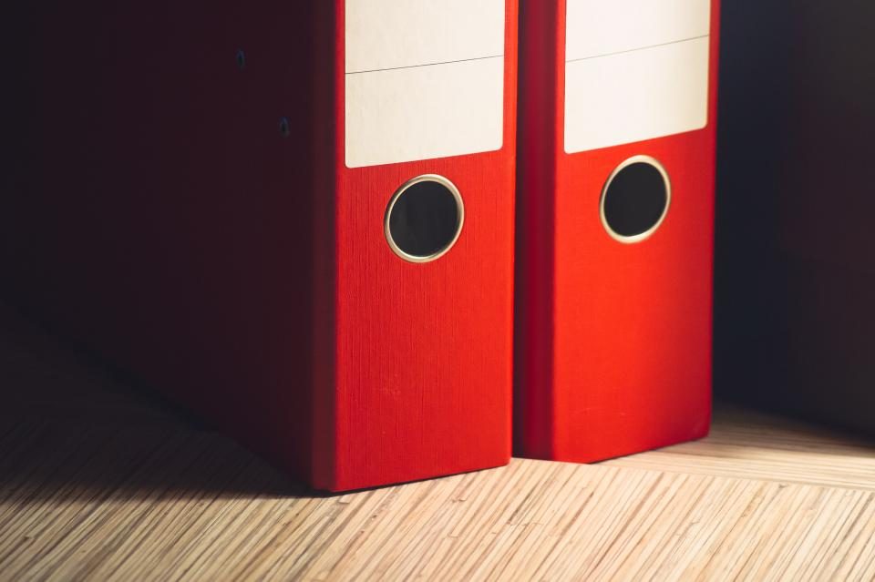 Red lever-arch files standing on a wooden surface